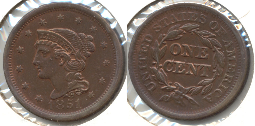 1851 Coroned Large Cent AU-55