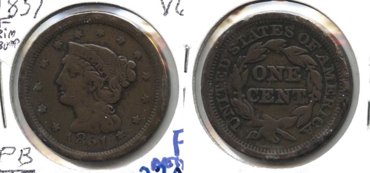 1851 Coronet Large Cent Fine-12 #ac Rim Bump