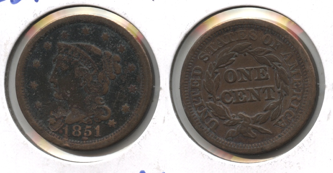 1851 Coronet Large Cent Fine-12 #aj Dark Obverse