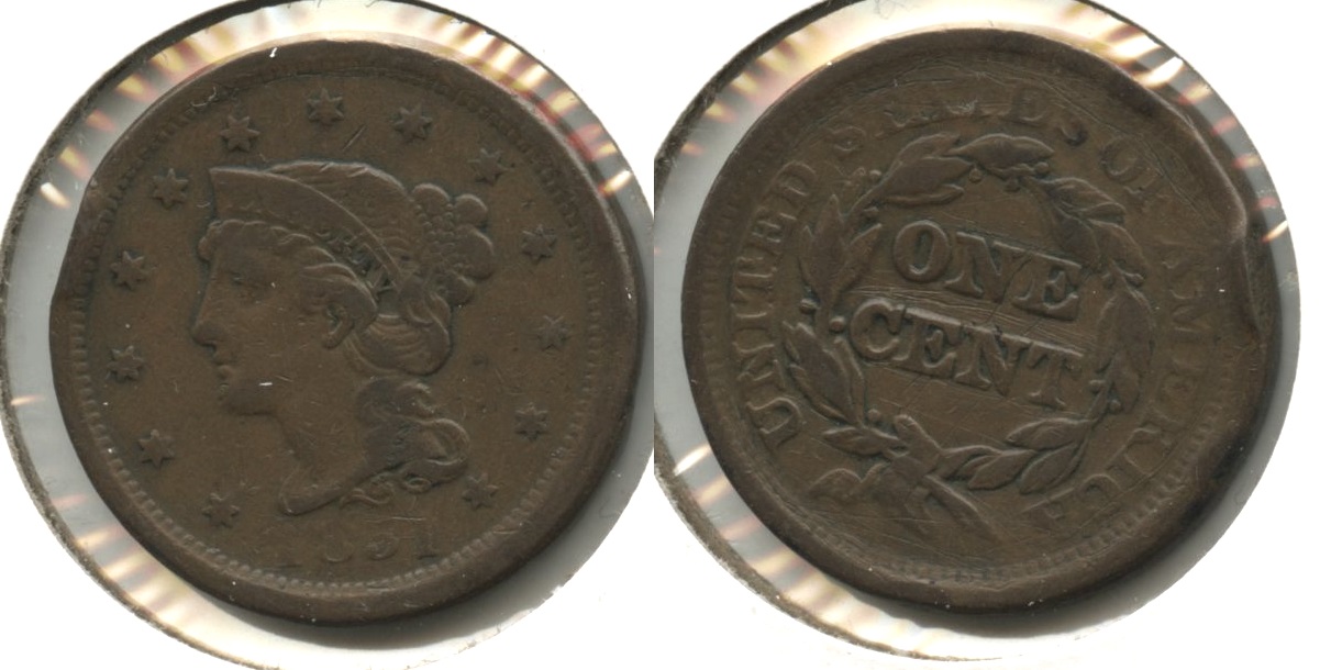 1851 Coronet Large Cent Fine-12 #av Reverse Scratches