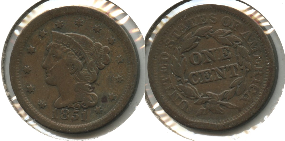 1851 Coronet Large Cent Fine-12 #aw Rim Bump