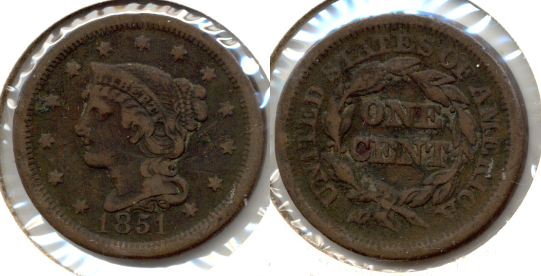 1851 Coroned Large Cent Fine-12 b Dark