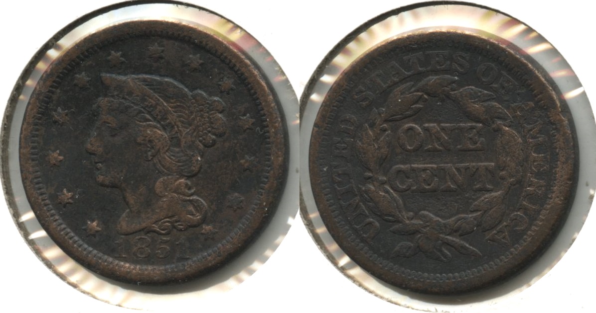 1851 Coronet Large Cent Fine-12 #bh Discolored