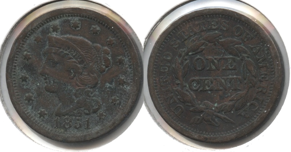 1851 Coronet Large Cent Fine-12 g Some Green