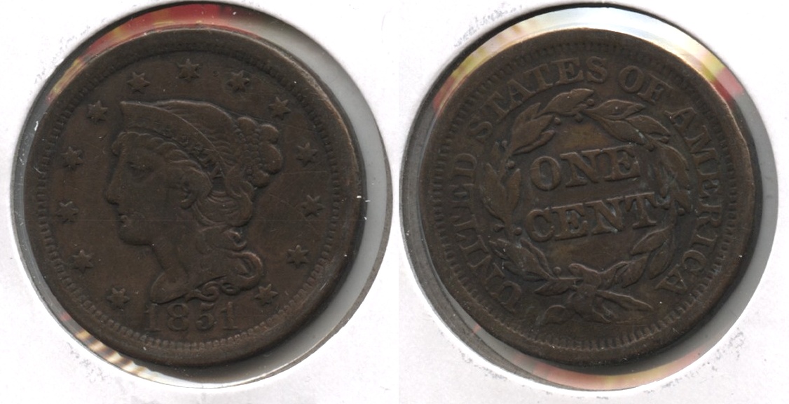 1851 Coronet Large Cent Fine-12 #p Cleaned Retoned