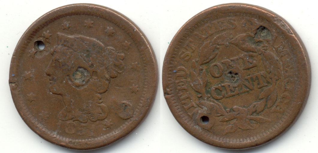 1851 Coroned Large Cent Good-4 a Holed