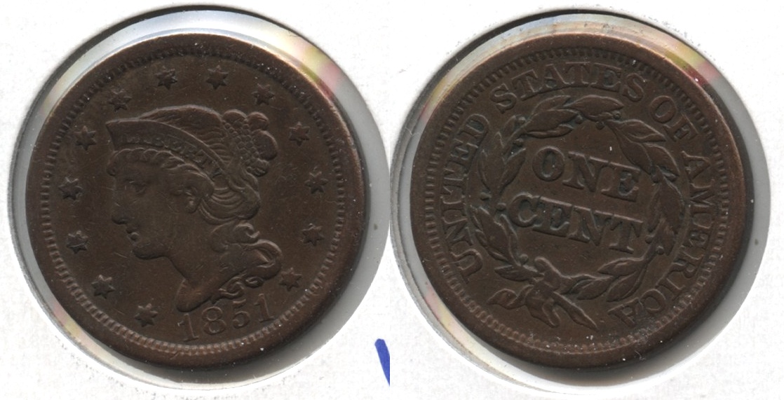 1851 Coronet Large Cent VF-20 #j Cleaned Retoned