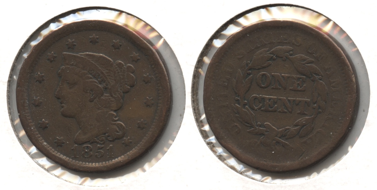 1851 Coronet Large Cent VG-10 Cleaned Retoned