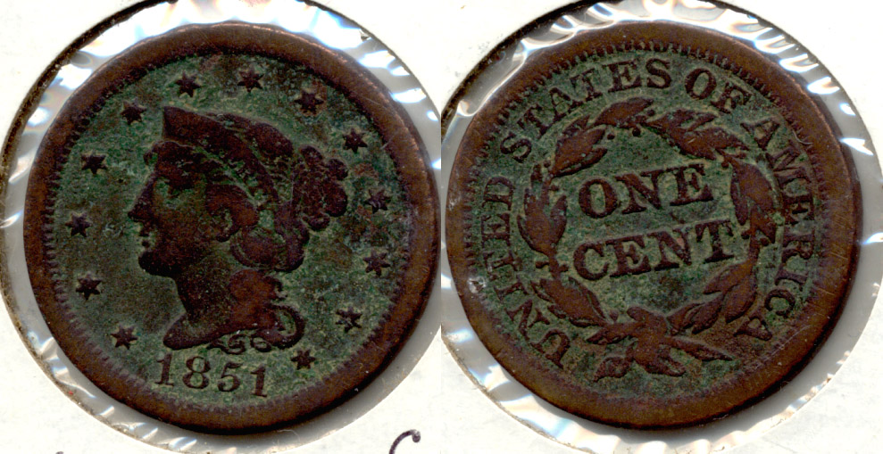 1851 Coronet Large Cent VG-8 d Green
