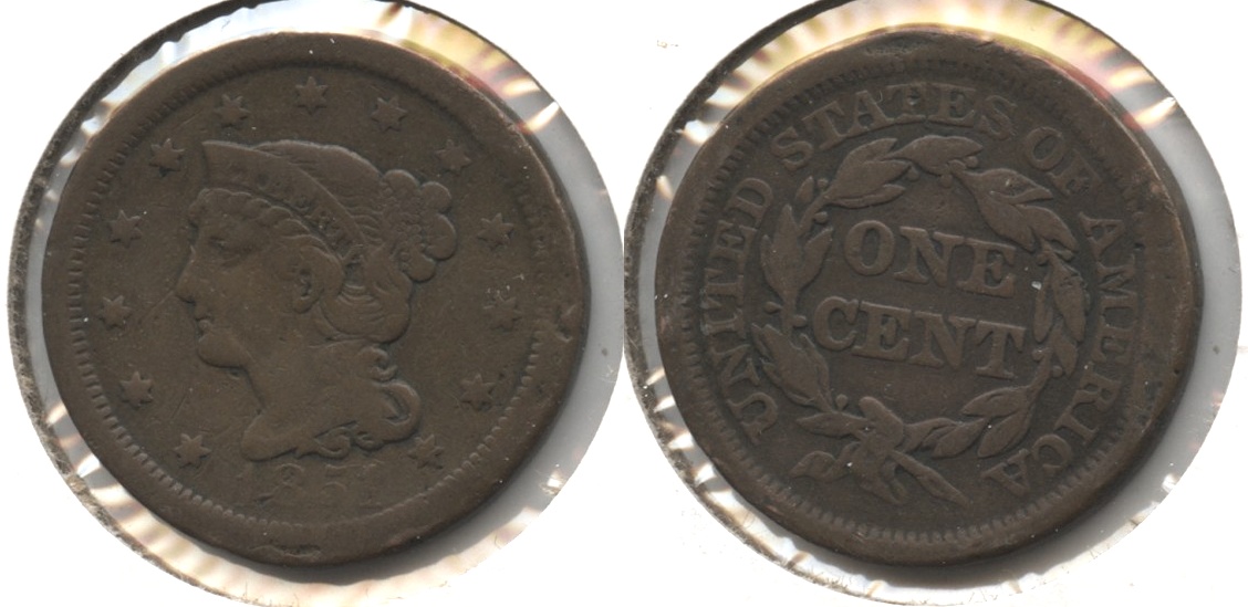 1851 Coronet Large Cent VG-8 #f Rim Damage