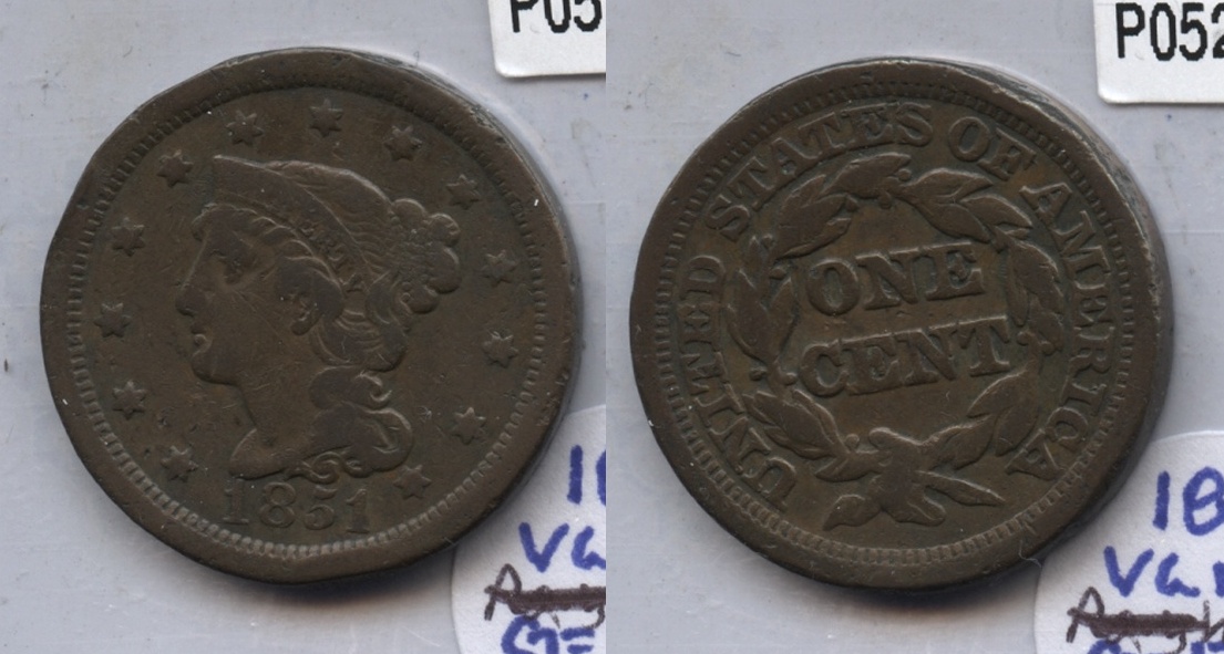 1851 Coronet Large Cent VG-8 #u Rim Bumps