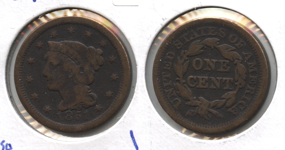 1851 Coronet Large Cent VG-8 #v Bit Dark
