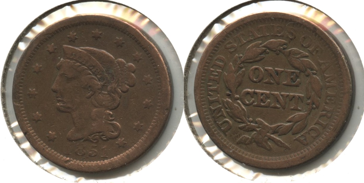 1851 Coronet Large Cent VG-8 #z Cleaned