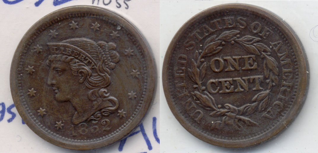 1852 Coroned Large Cent AU-55
