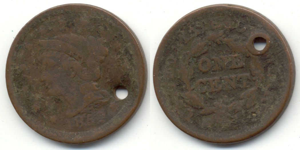 1852 Coroned Large Cent Good-4 Holed