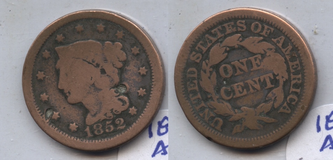 1852 Coronet Large Cent Good-4 #c Cleaned