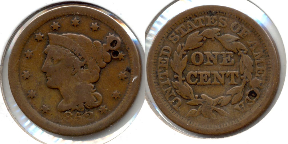 1852 Coroned Large Cent VG-8 b Partial Hole