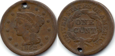 1852 Coroned Large Cent VG-8 c Holed
