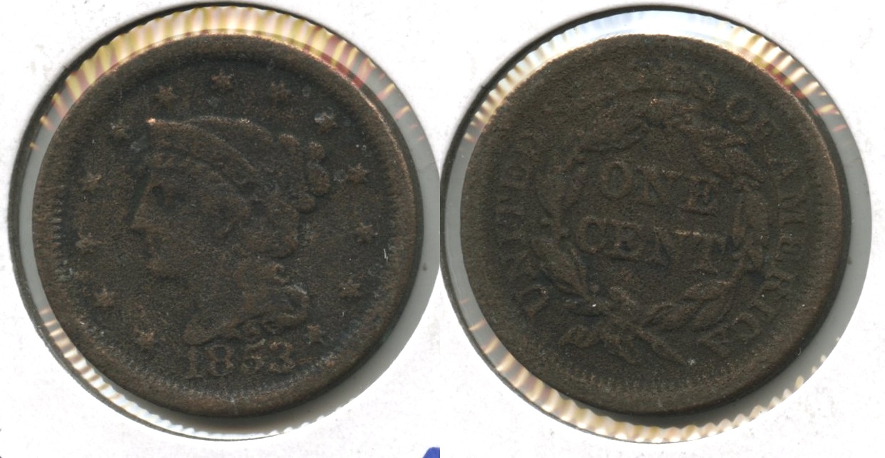 1853 Coronet Large Cent Fine-12 #ae Porous