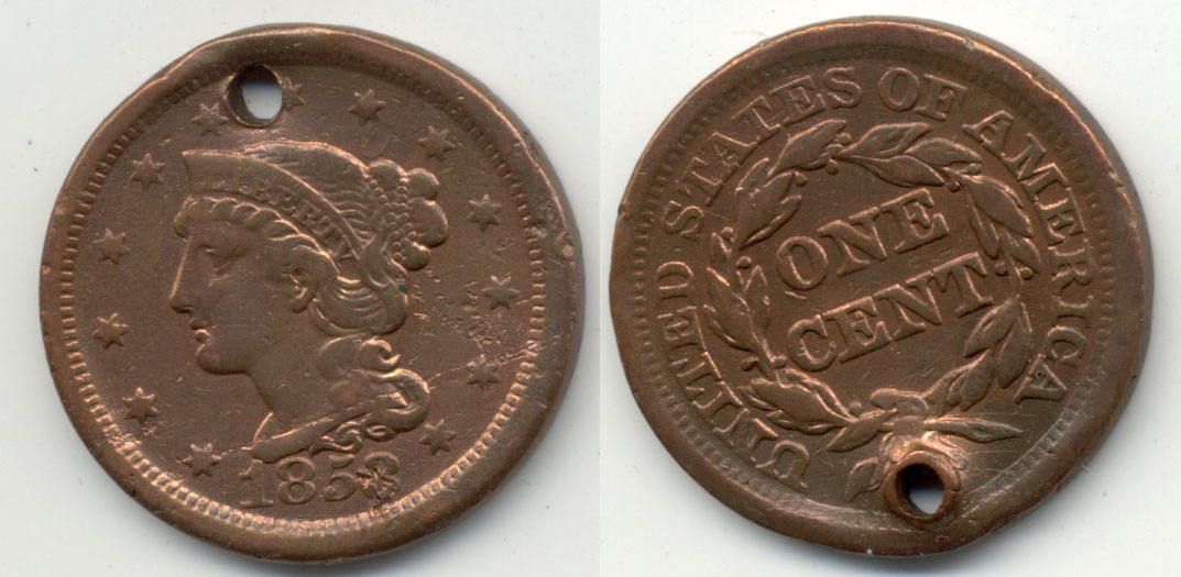 1853 Coroned Large Cent Fine-12 b Holed