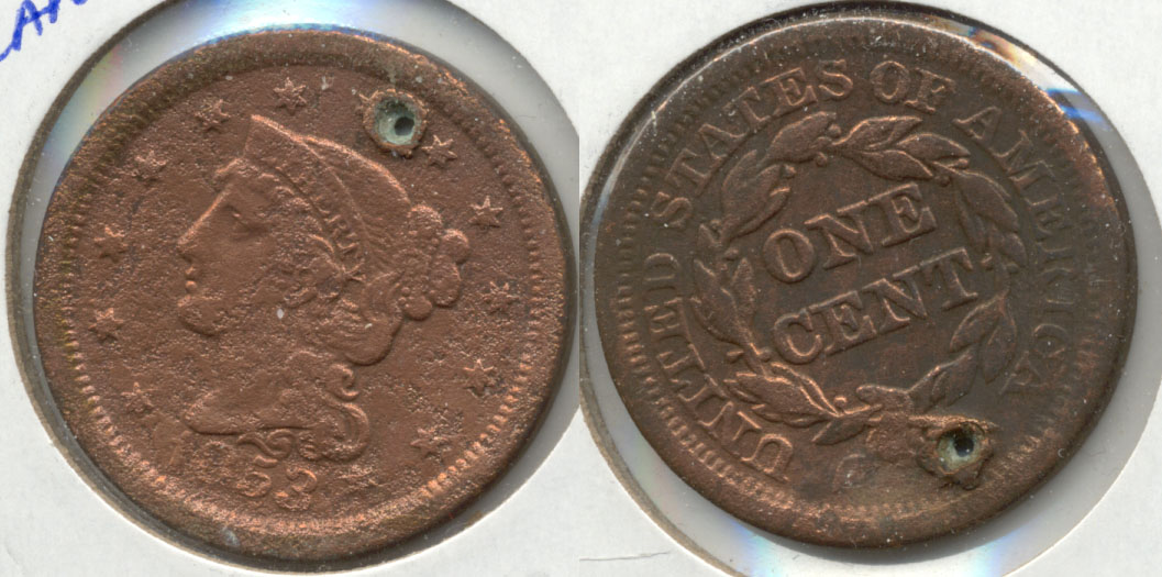 1853 Coroned Large Cent Fine-12 c Corrosion