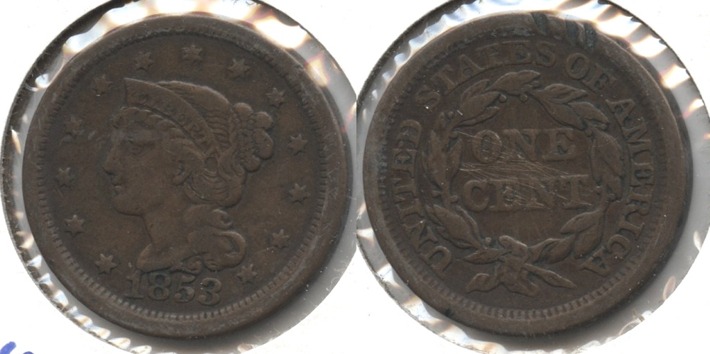 1853 Coronet Large Cent Fine-12 h Rim Cuts