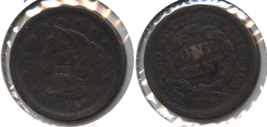 1853 Coronet Large Cent Fine-12 #l Punched H