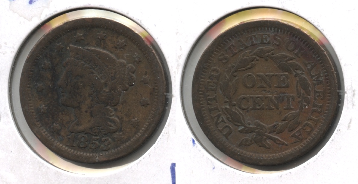 1853 Coronet Large Cent Fine-12 #y Bit Dark