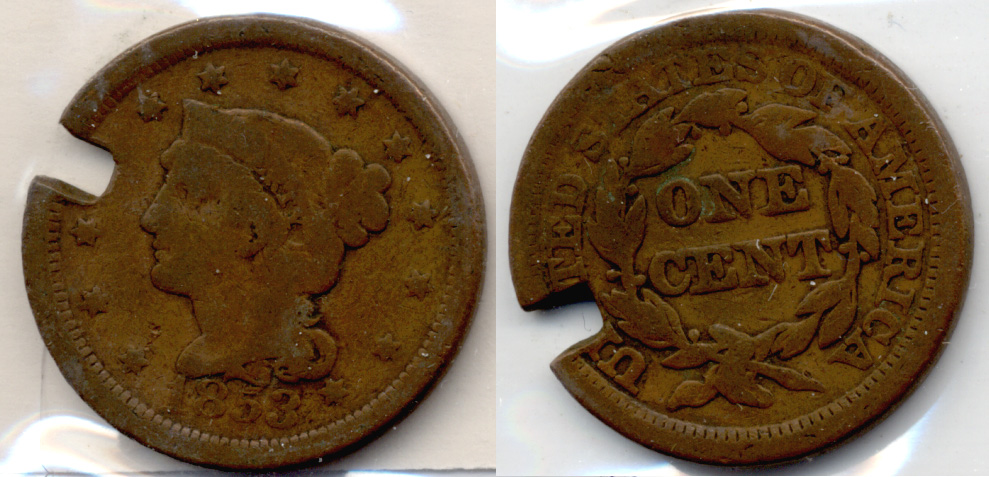 1853 Coroned Large Cent Good-4 Damaged
