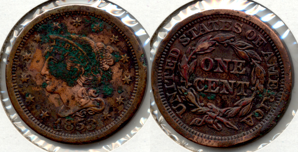 1853 Coroned Large Cent VF-20 c Corroded
