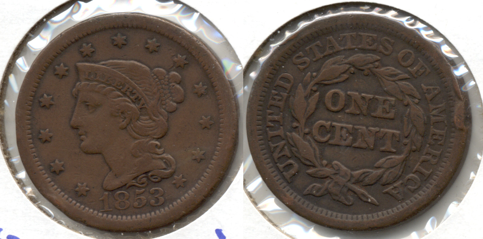 1853 Coronet Large Cent VF-20 h Rim Bumps