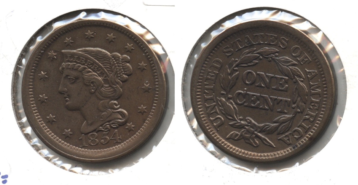 1854 Coroned Large Cent AU-50
