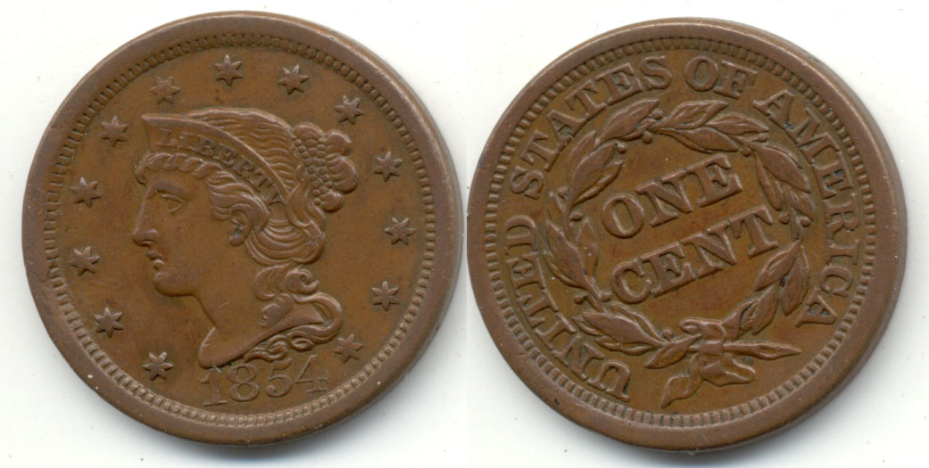 1854 Coroned Large Cent AU-55