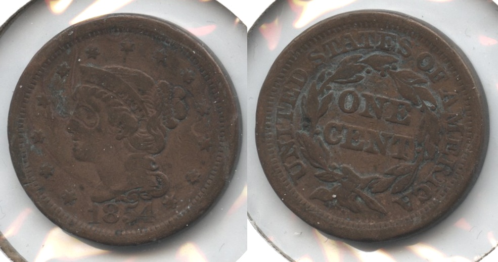 1854 Coronet Large Cent Fine-12 #d Cleaned Retoned