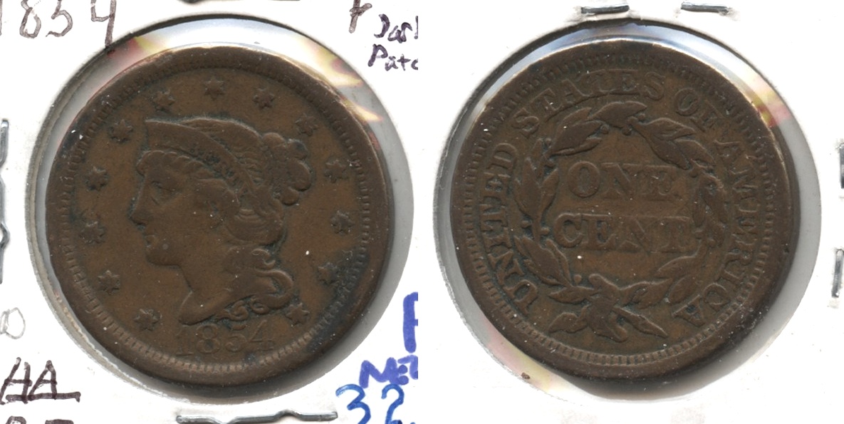 1854 Coronet Large Cent Fine-12 #o Dark Patch