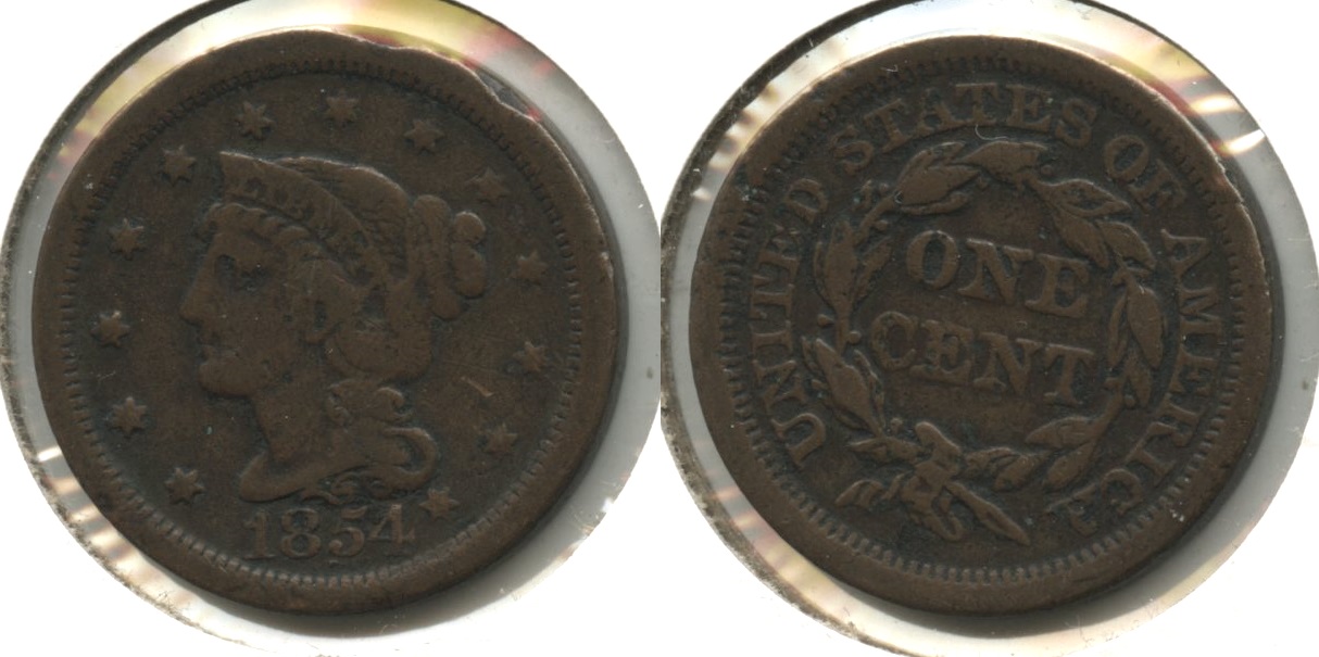 1854 Coronet Large Cent Fine-12 #y Rim Bump