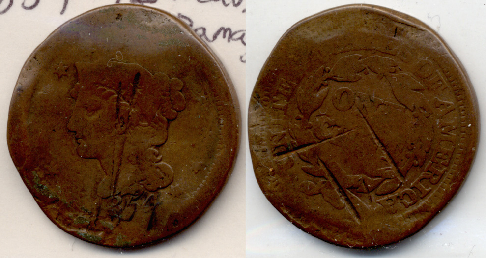 1854 Coroned Large Cent Good-4 Heavy Damage