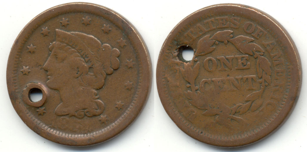 1854 Coroned Large Cent Good-4 a Holed