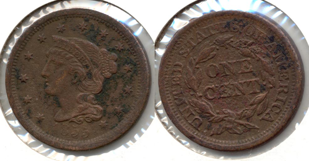 1855 Coronet Large Cent AU-50 Corrosion