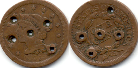 1855 Coronet Large Cent Fine-12 Holed
