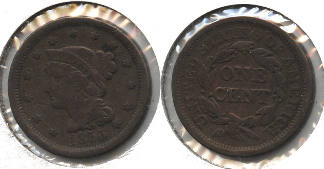 1855 Coronet Large Cent Fine-12 #c Cleaned Retoned