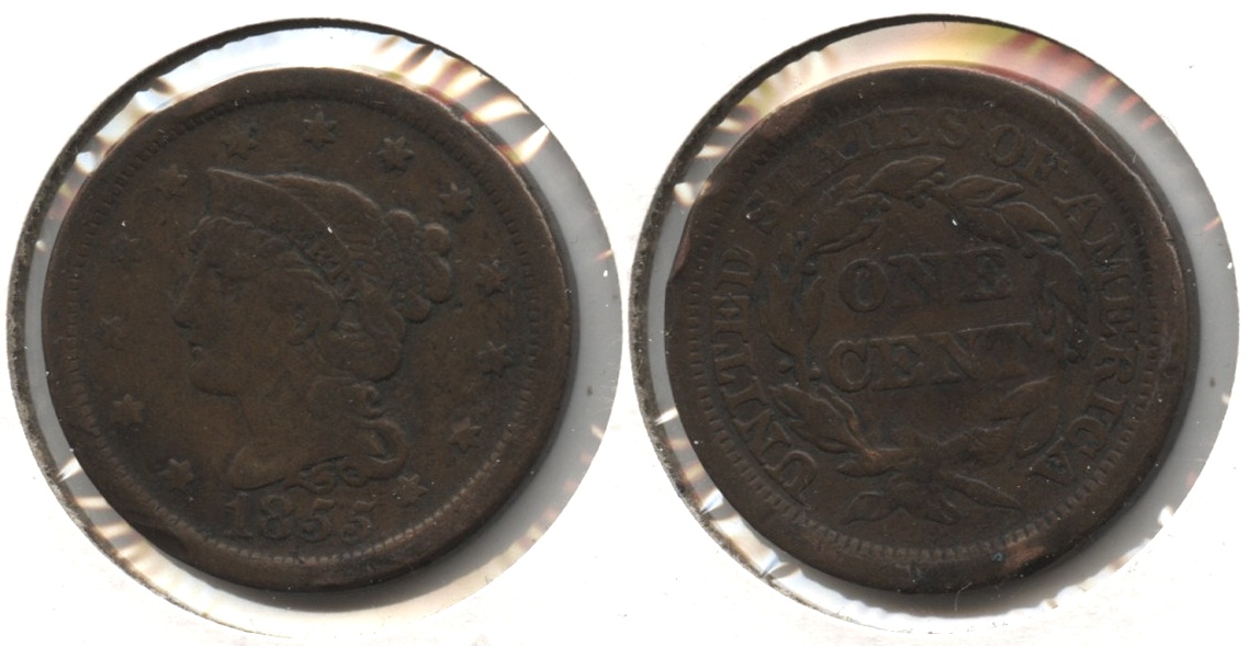 1855 Coronet Large Cent Fine-12 #d Rim Nicks