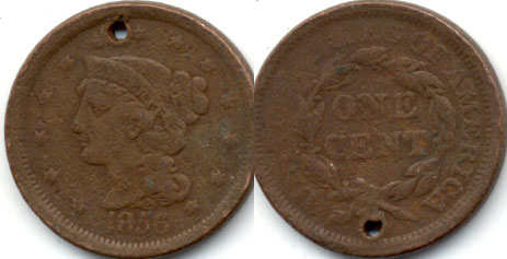 1856 Coronet Large Cent VG-8 Holed