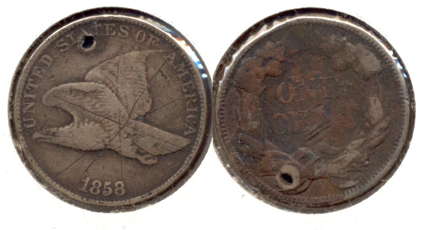 1858 Large Letters Flying Eagle Cent F-12 f Holed