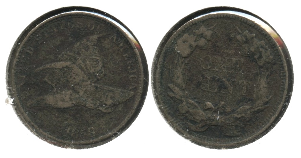 1858 Large Letters Flying Eagle Cent VG-8 #aj Dark Porous