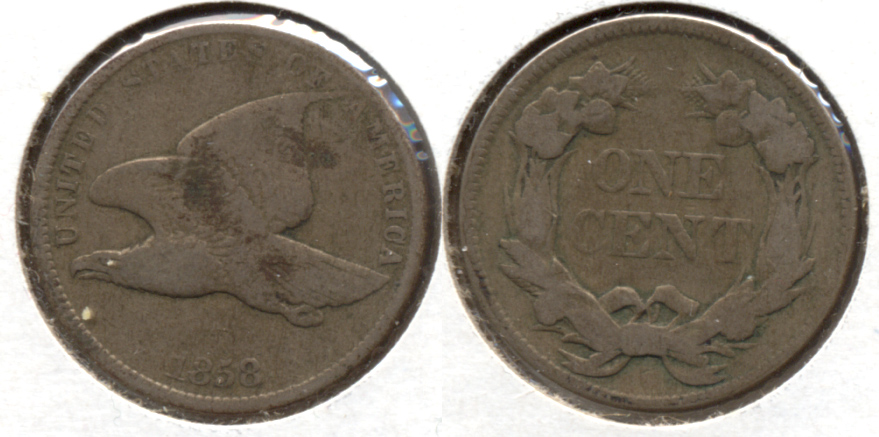 1858 Small Letters Flying Eagle Cent VG-8 r Darker Patches
