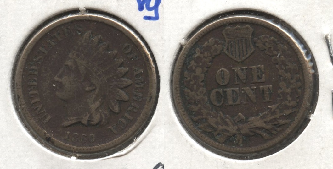 1860 Indian Head Cent Fine-12 #p Dark
