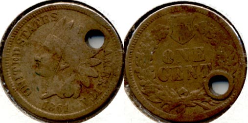 1861 Indian Head Cent Good-4 a Holed