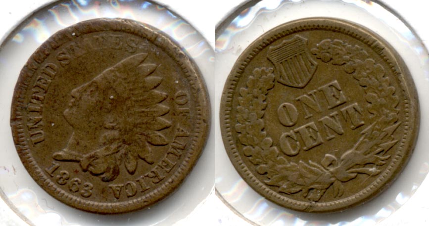 1863 Indian Head Cent Fine-12 h Rough Rim