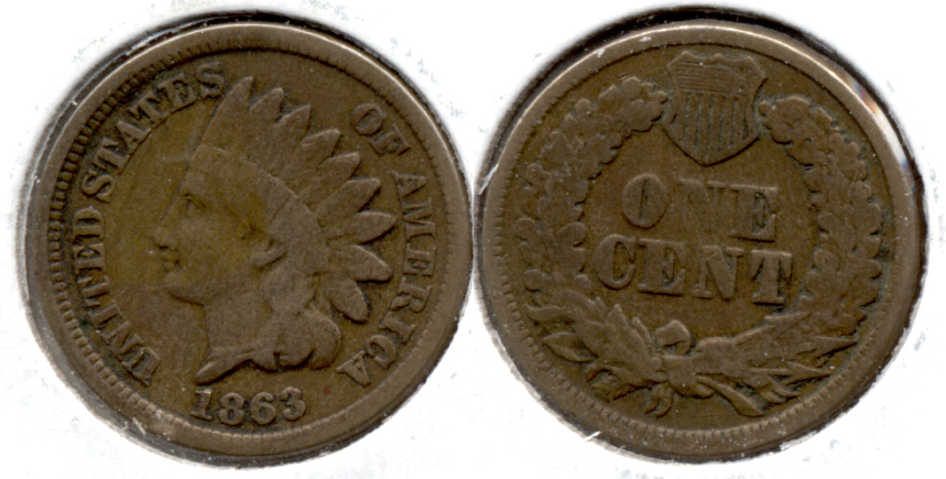 1863 Indian Head Cent Good-4 ex Rim Ding